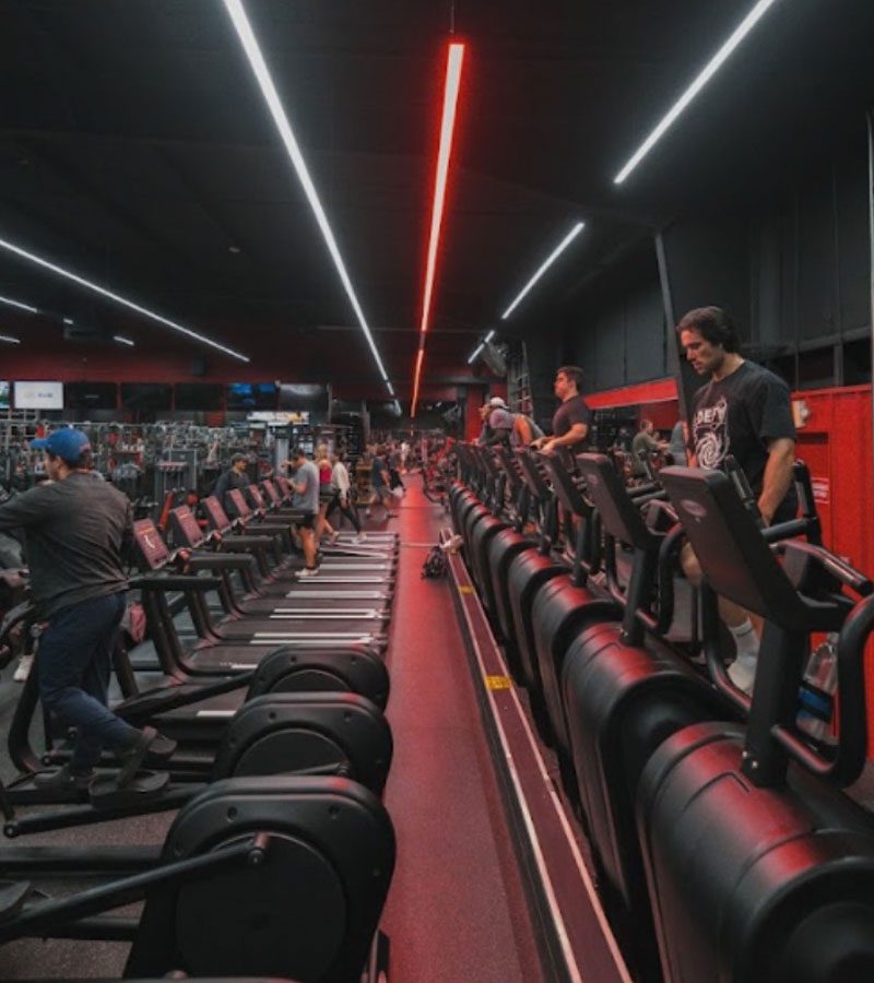 Absolute Recomp Shred Zone cardio section with rows of treadmills and members training under red and white lights