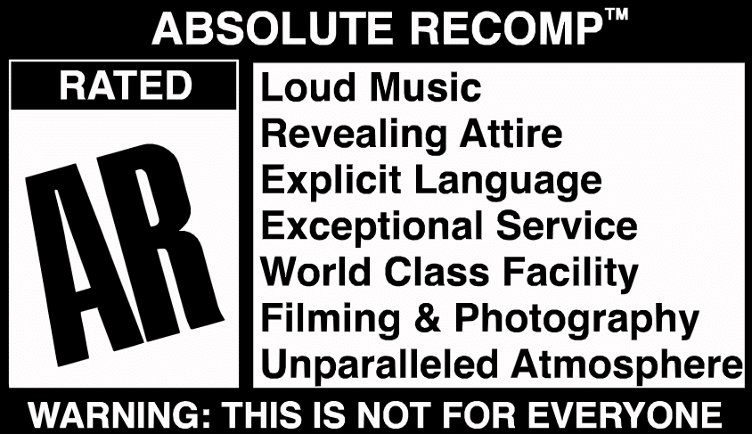 Absolute Recomp rated AR warning graphic highlighting loud music explicit language world class facility and bold gym atmosphere